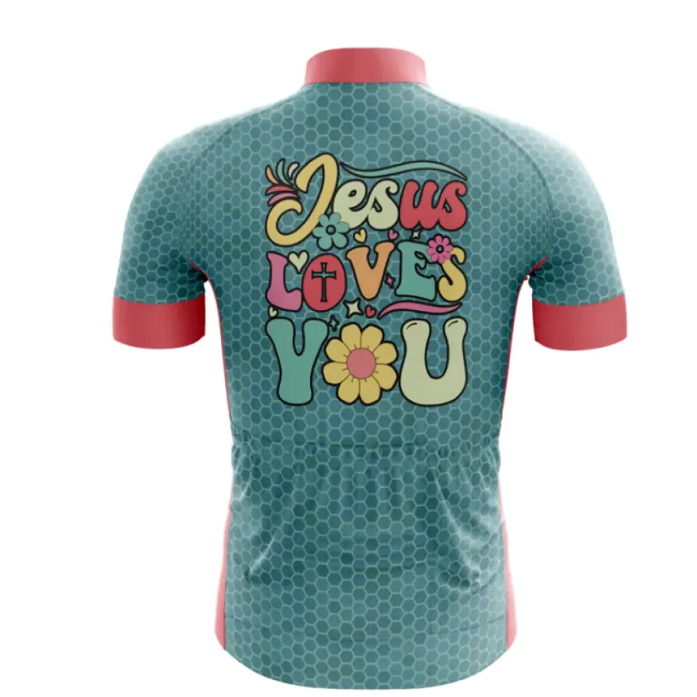 Cool Catholic Cycling Jersey - Jesus Loves You/Teal/Pink