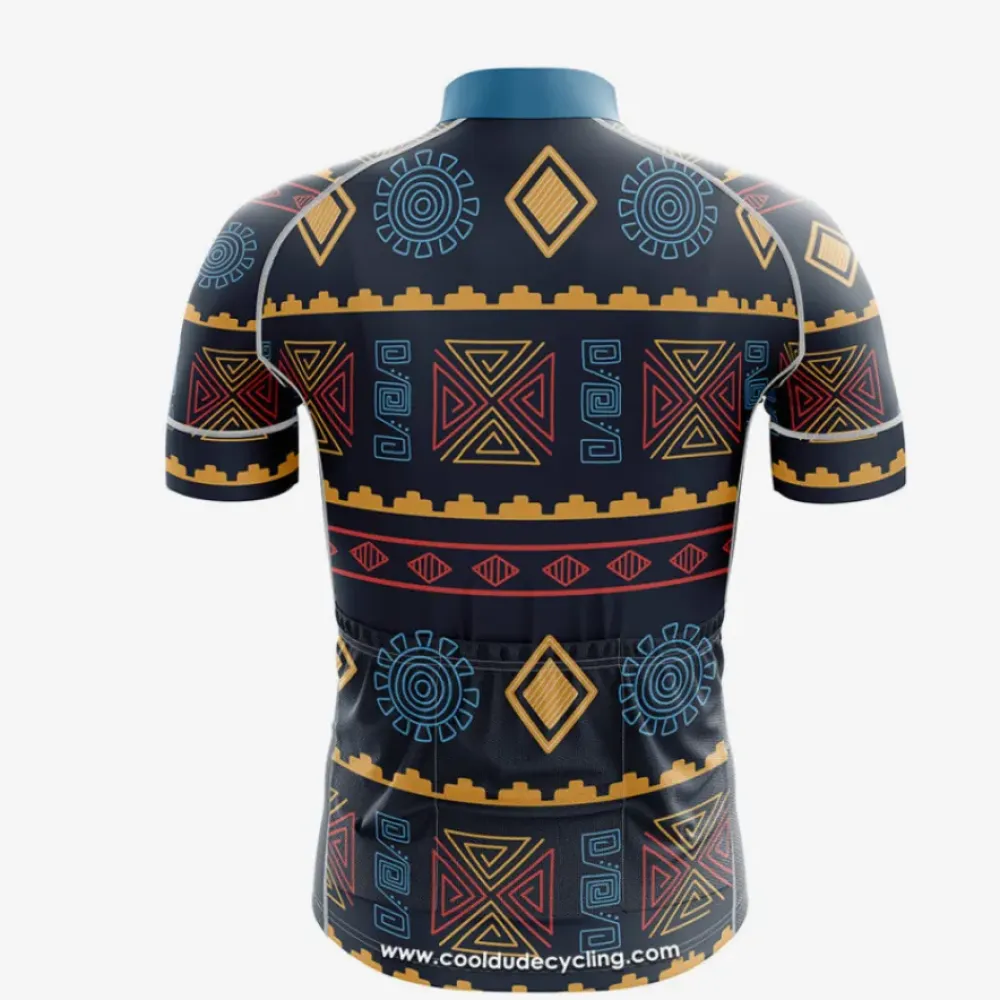 African Tribal Short Sleeve Cycling Jersey Blue/Gold/Red