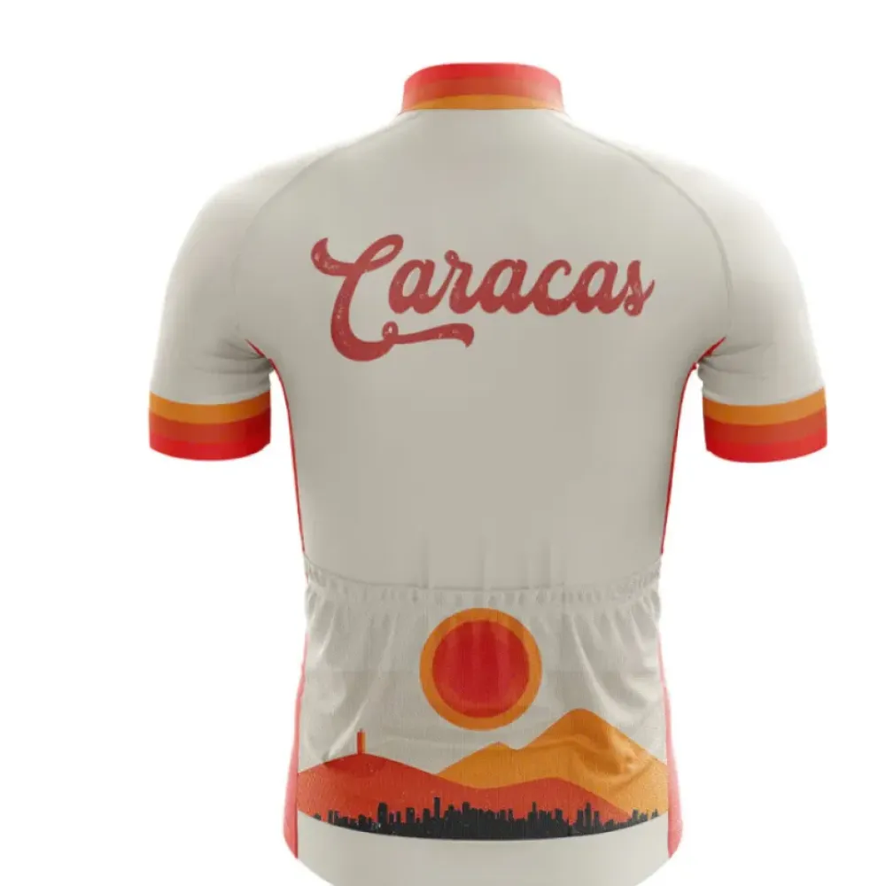 Caracas Vintage Cycling Jersey, Retro Design - Cityscape/Sun/Red/Yellow/Orange