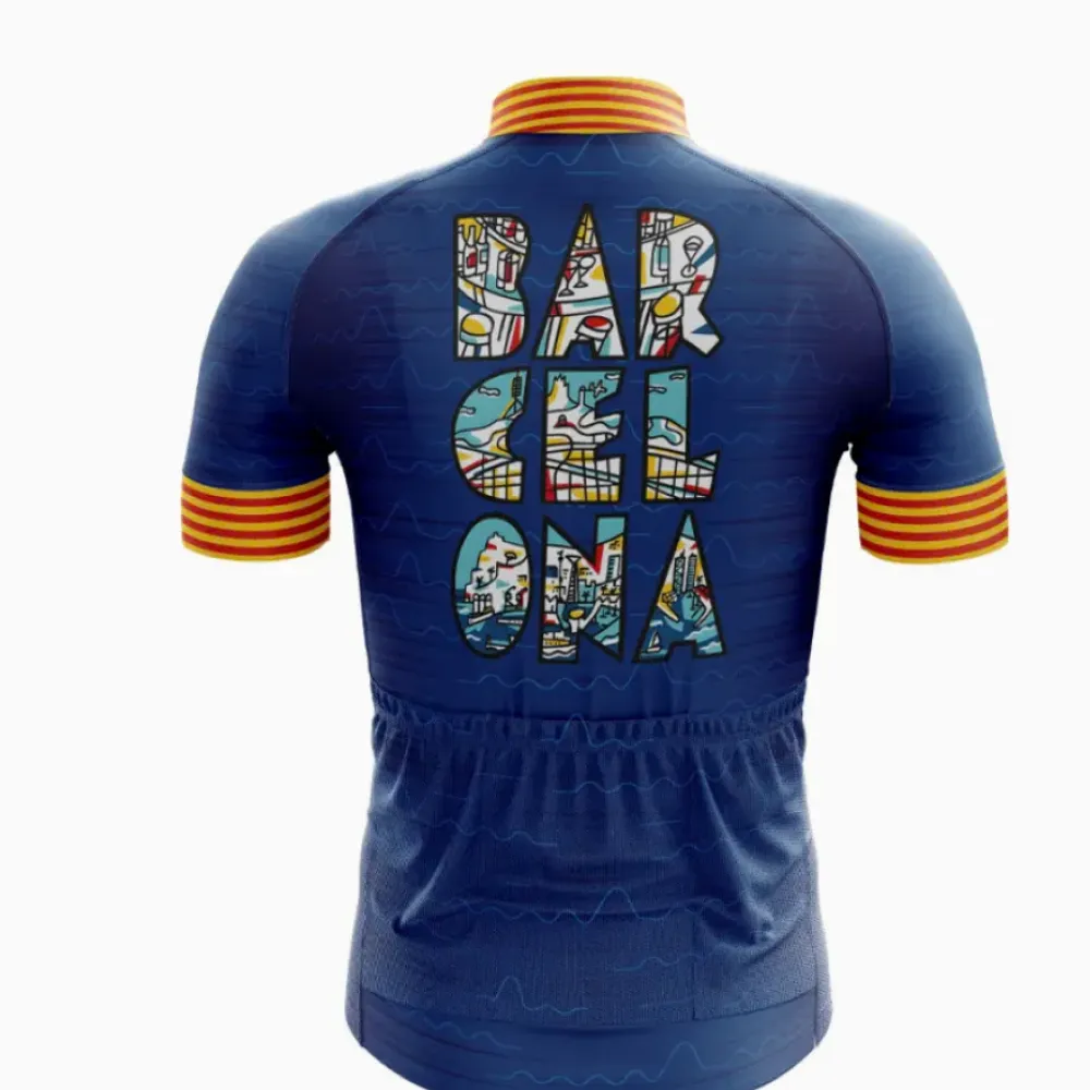 Barcelona Cycling Jersey Striped Sleeves/Blue/Yellow/Red