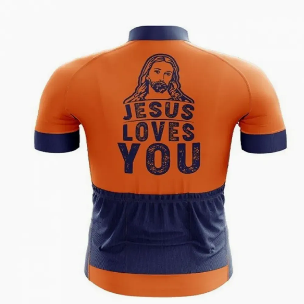 Cycling Jersey Jesus Loves You Orange/Blue Stripes