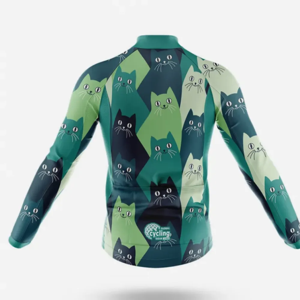 Cat Lover Long Sleeve Cycling Jersey Colorful Cats Green/Teal/Black