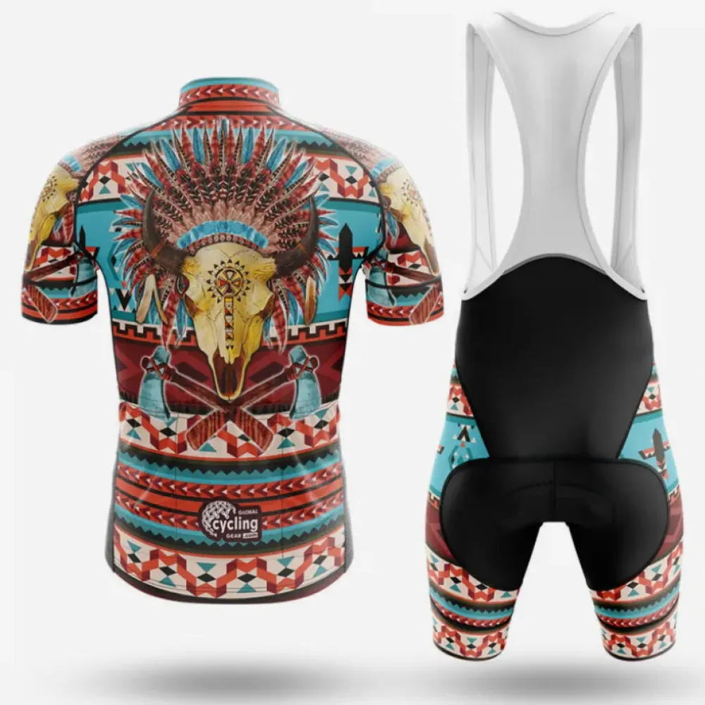 Native Indian Bison Long Sleeve Cycling Jersey Turquoise/Red/Brown
