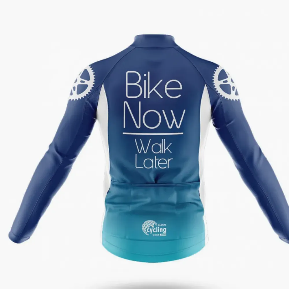Bike Now Walk Later Long Sleeve Cycling Jersey Blue/White/Green
