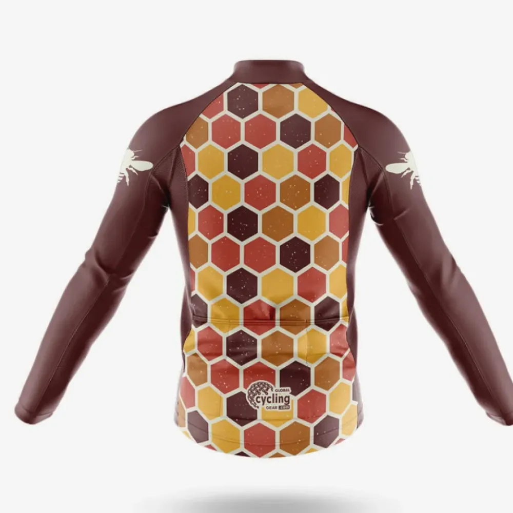 Retro Beehive Long Sleeve Cycling Jersey Hexagonal Pattern Brown/Yellow/Red