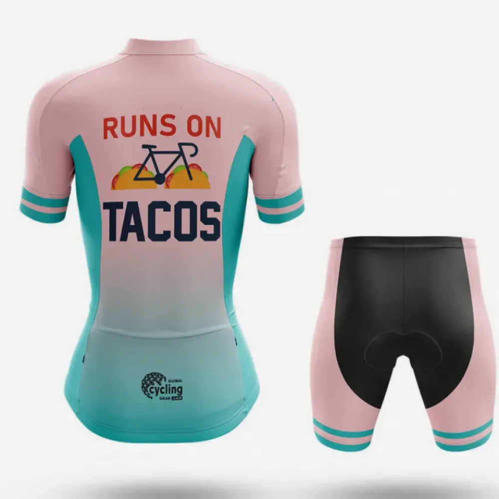 Runs On Tacos Women Long Sleeve Cycling Jersey Pink/Turquoise/White