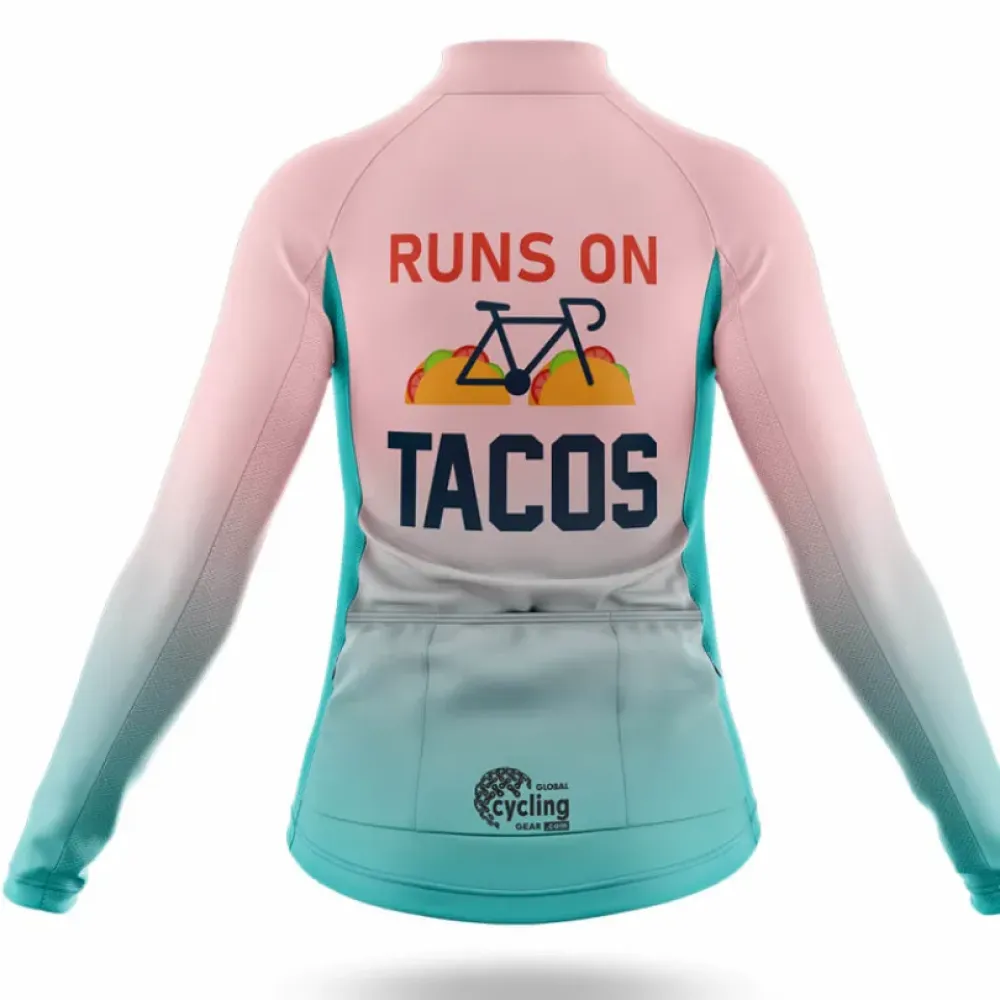 Runs On Tacos Women Long Sleeve Cycling Jersey Pink/Turquoise/White