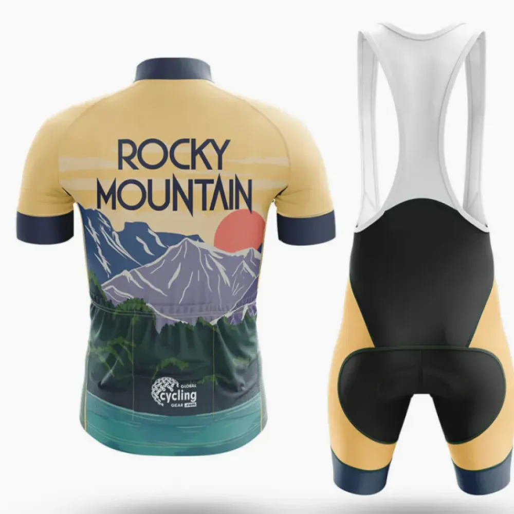 Rocky Mountain Long Sleeve Cycling Jersey Mountain Landscape Gold/Navy/Teal