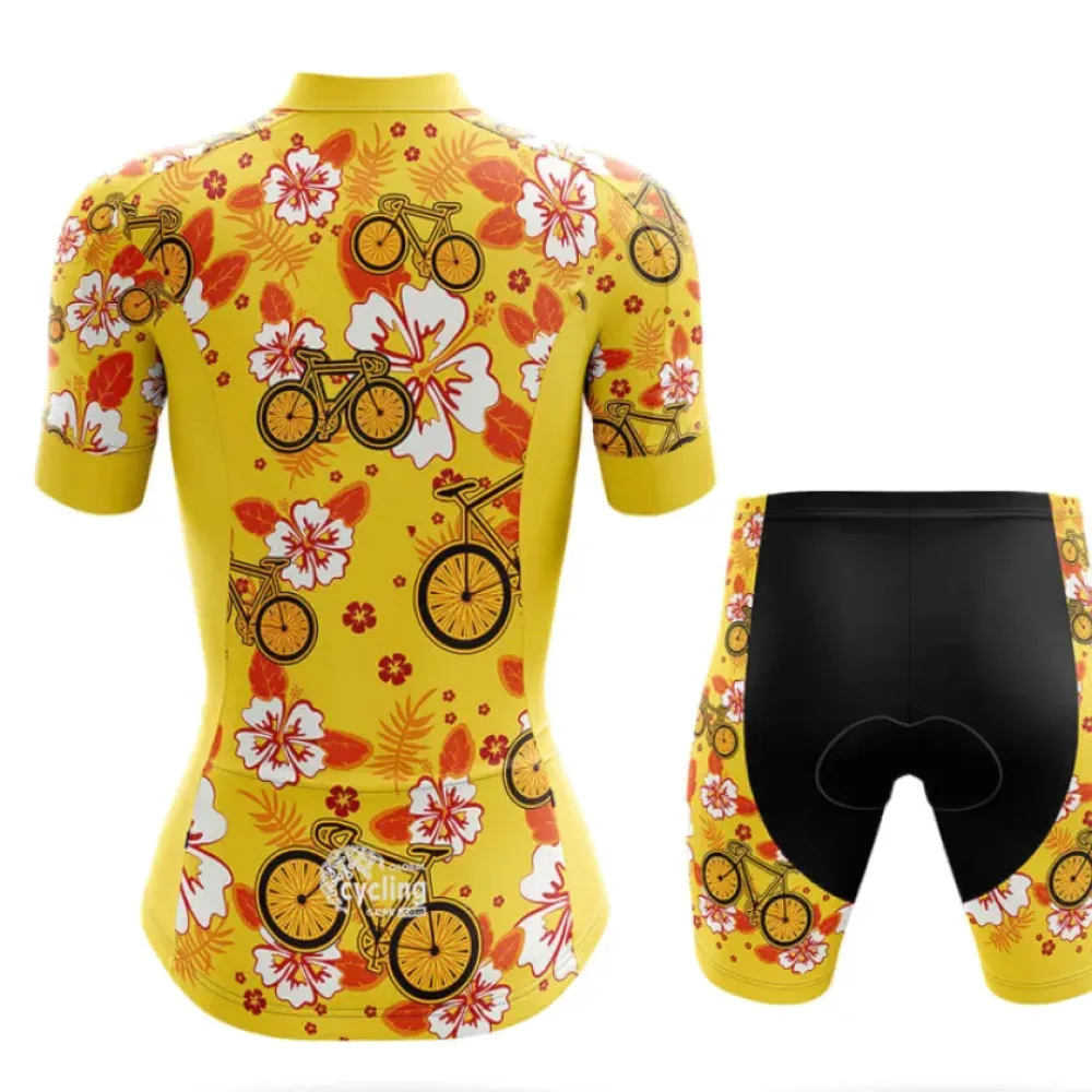 Hawaiian Style Women's Cycling Jersey Yellow/Floral/Bicycle
