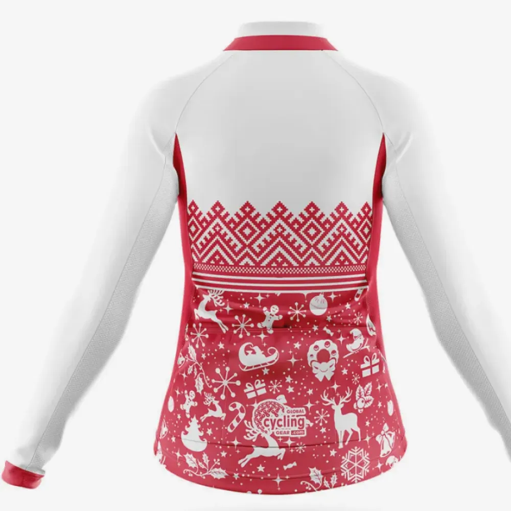 Reindeer Snowflake Women's Long Sleeve Cycling Jersey White/Red/Grey