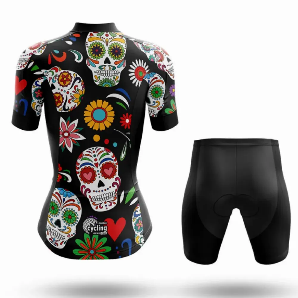 Women's Long Sleeve Cycling Jersey Colorful Sugar Skulls Black/Red/Green