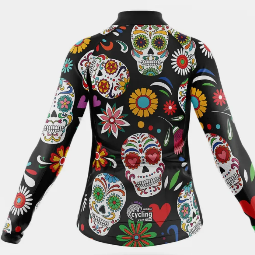 Women's Long Sleeve Cycling Jersey Colorful Sugar Skulls Black/Red/Green
