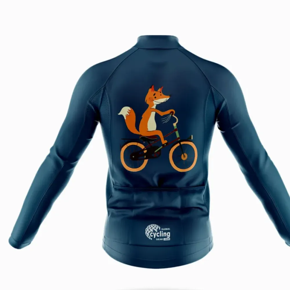 Fox On Bicycle Long Sleeve Cycling Jersey Navy/Gold/White