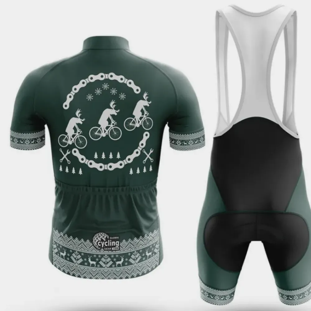 Cycling Kit Reindeers On Bikes Green/White/Black