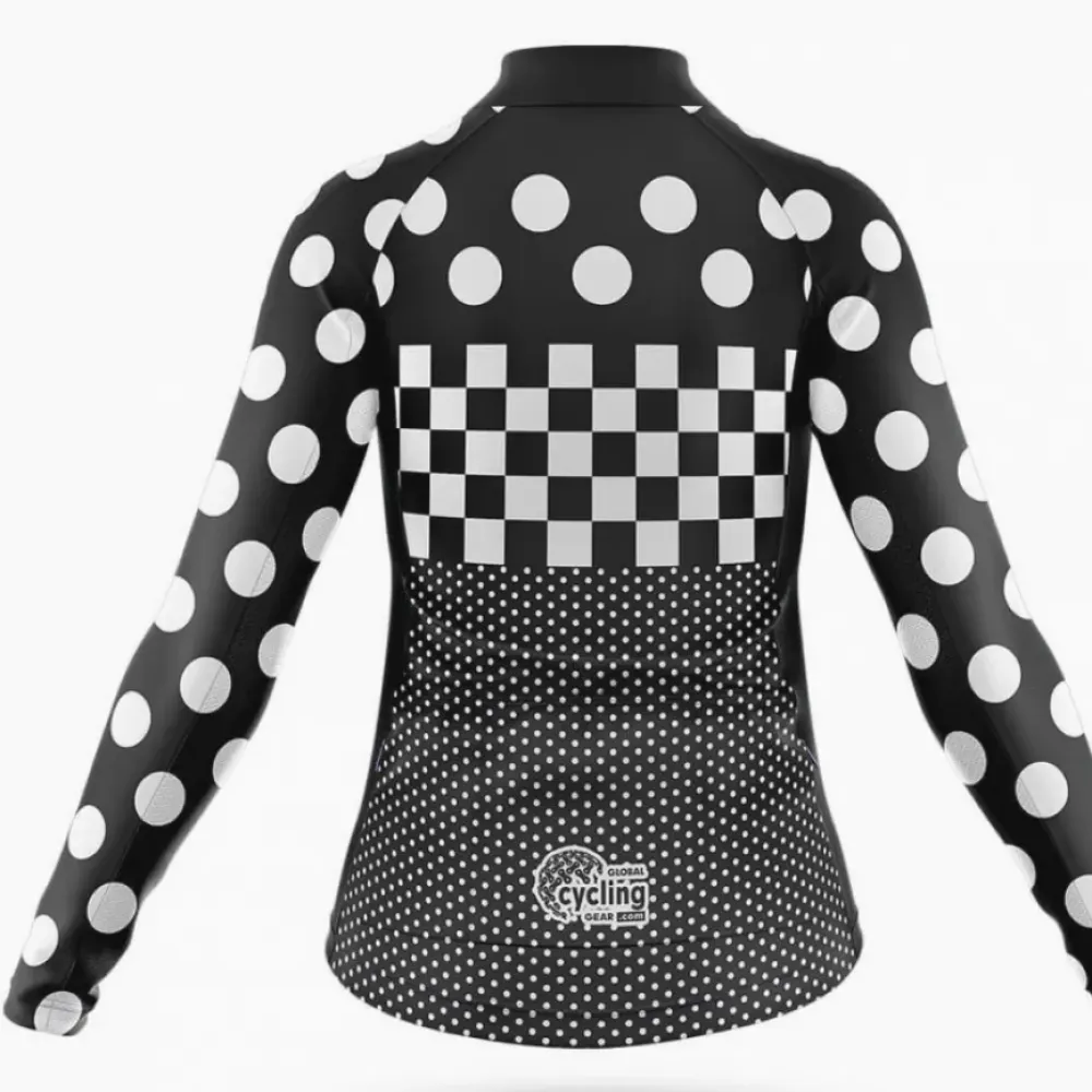 Women's Long Sleeve Cycling Jersey Polka Dots Black/White/Gray
