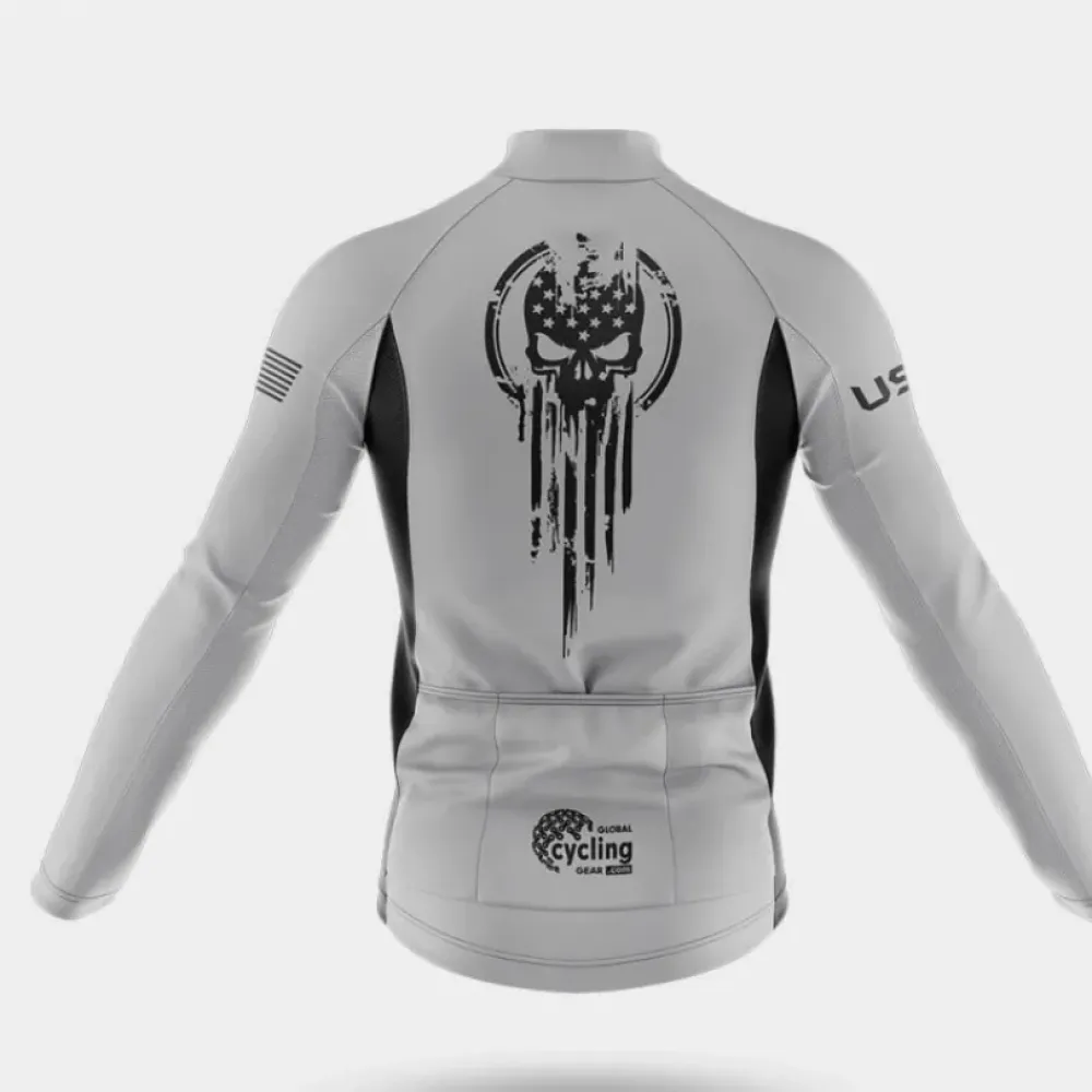 USA Flag Skull Long Sleeve Cycling Jersey White/Black/Grey