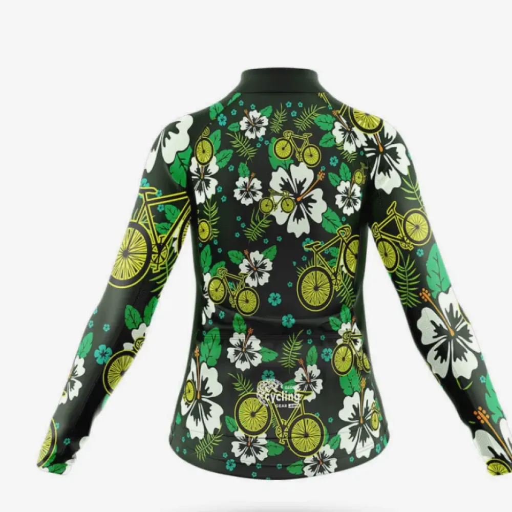 Hawaiian Style Women's Long Sleeve Cycling Jersey Black/Green/White