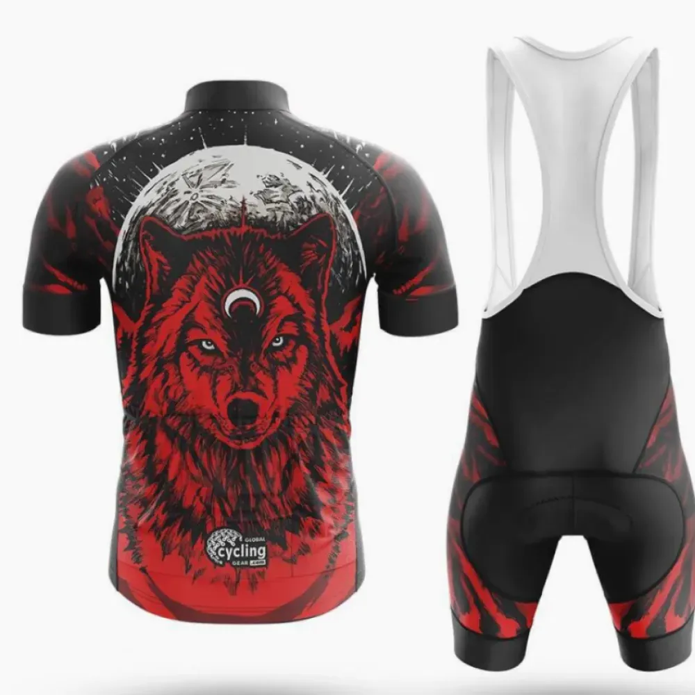 Native Red Wolf Long Sleeve Cycling Jersey Wolf Black/Red/White