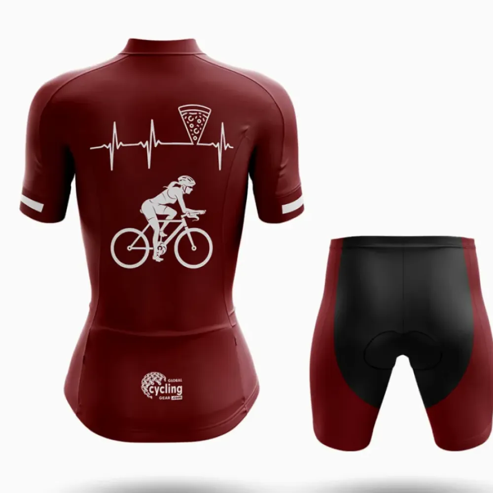 Pizza Heartbeat Women's Long Sleeve Cycling Jersey Maroon/White/Burgundy
