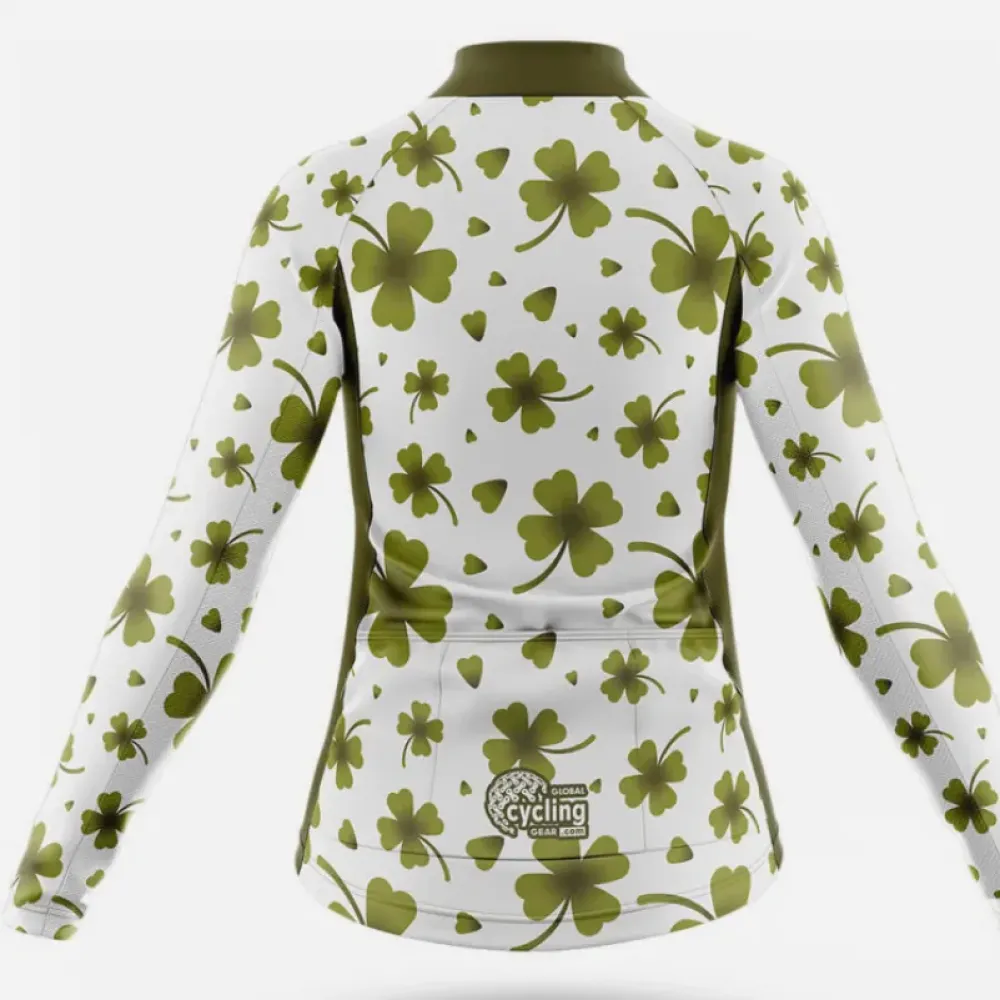 Ireland Four Leaf Clover Women's Long Sleeve Cycling Jersey White/Green/Black