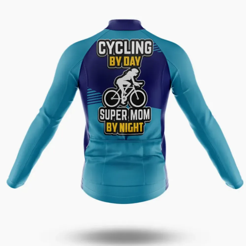 Super Mom By Night Long Sleeve Cycling Jersey Blue/Navy/Grey