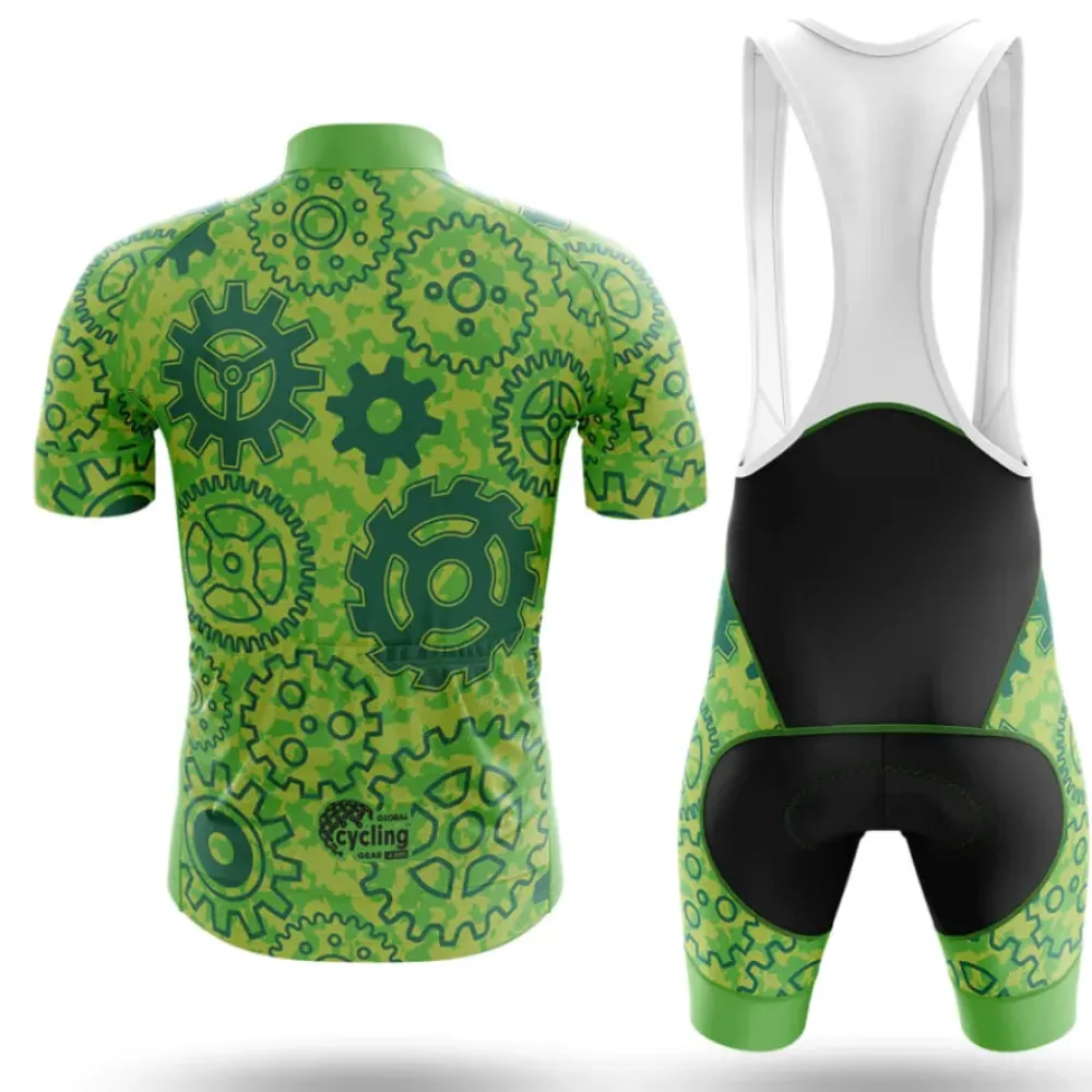 Green Gear Long Sleeve Cycling Jersey Gear Pattern Green/Yellow/Black