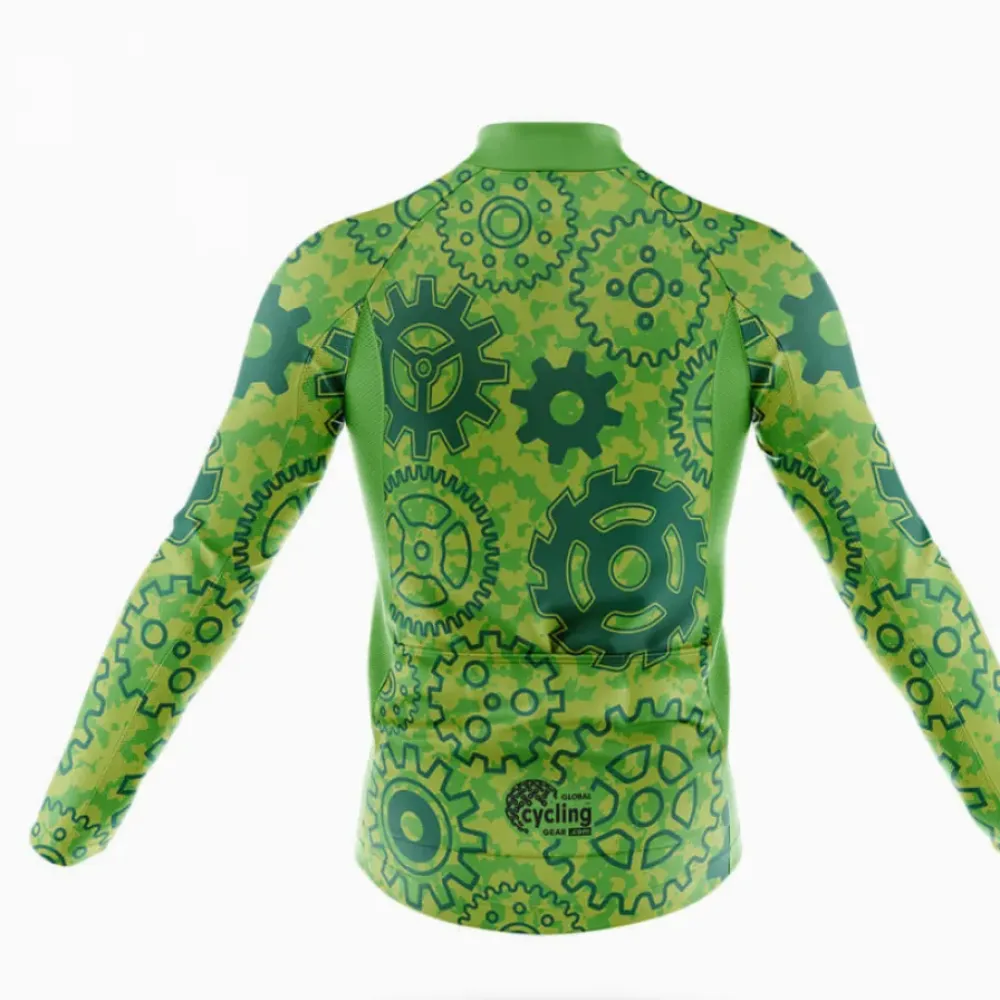 Green Gear Long Sleeve Cycling Jersey Gear Pattern Green/Yellow/Black