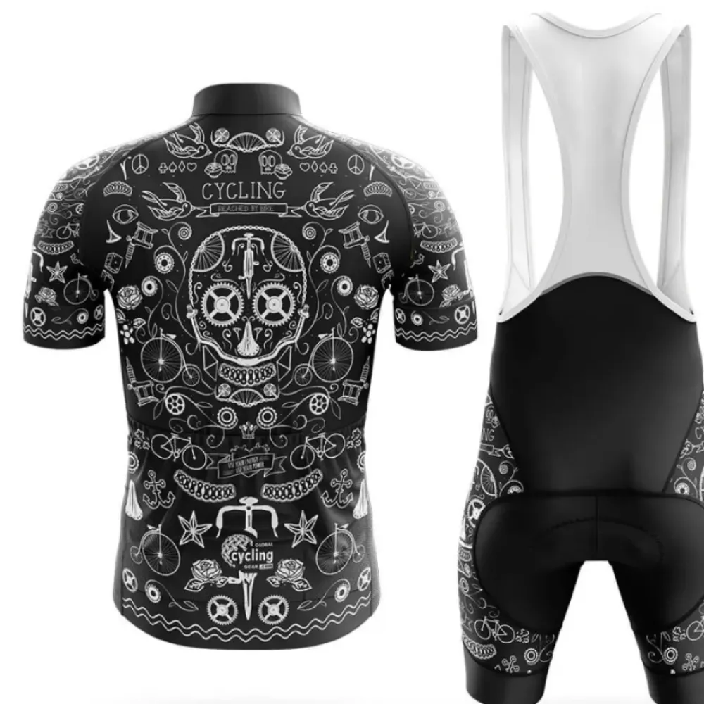 Black Tattoo Cycling Jersey Long Sleeve Unique Design Black/White/Grey