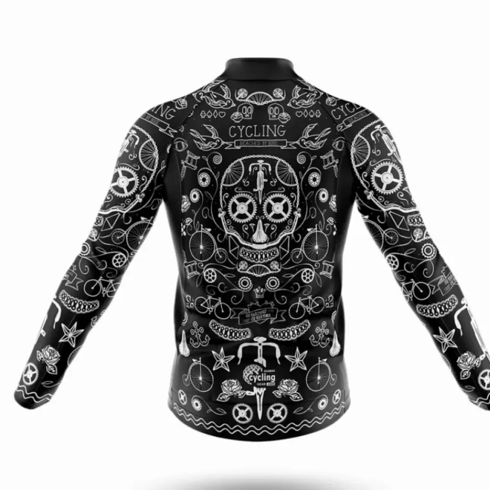 Black Tattoo Cycling Jersey Long Sleeve Unique Design Black/White/Grey