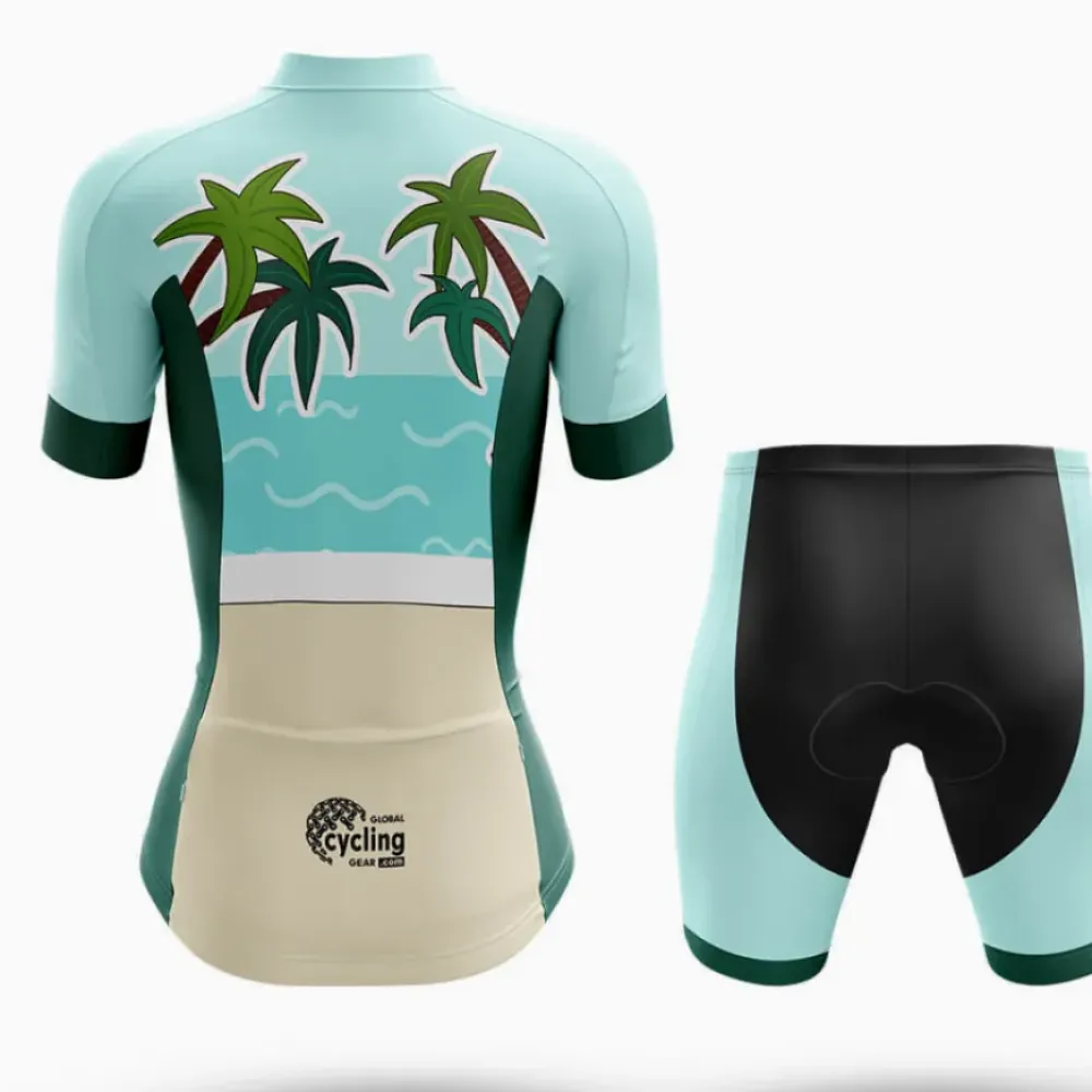 Smiling Bike Women's Long Sleeve Cycling Jersey Palm Tree/Turquoise/Beige