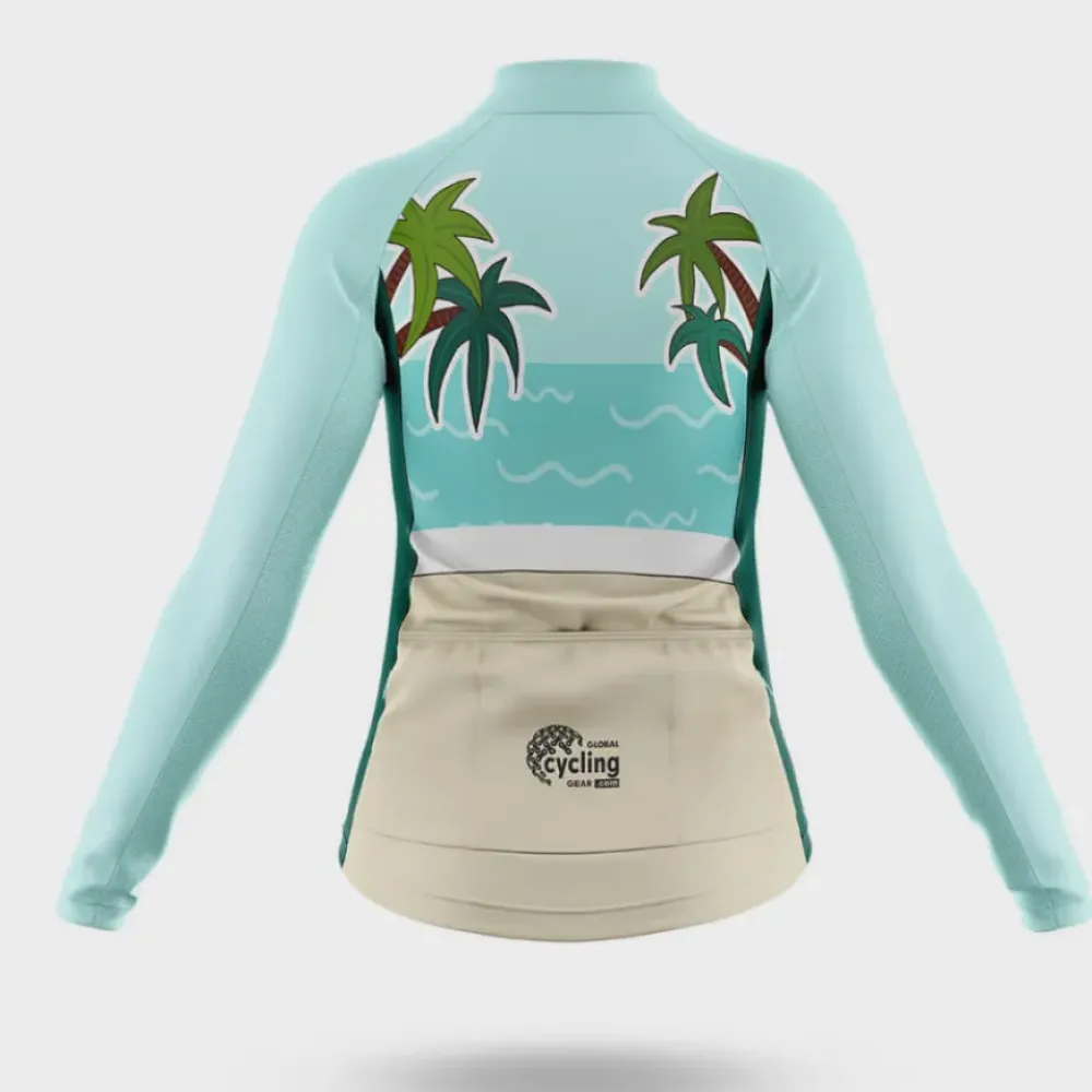 Smiling Bike Women's Long Sleeve Cycling Jersey Palm Tree/Turquoise/Beige