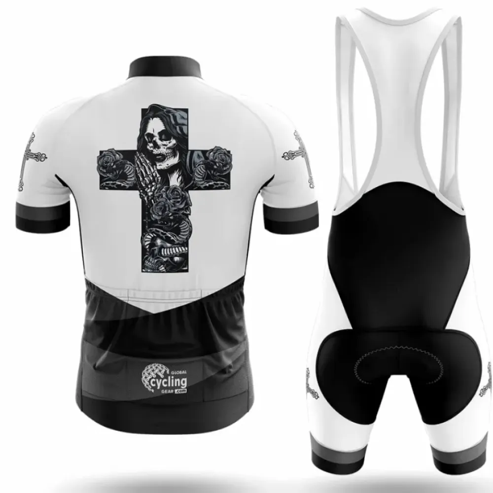 Faith Long Sleeve Cycling Jersey Cross and Skull White/Black/Grey