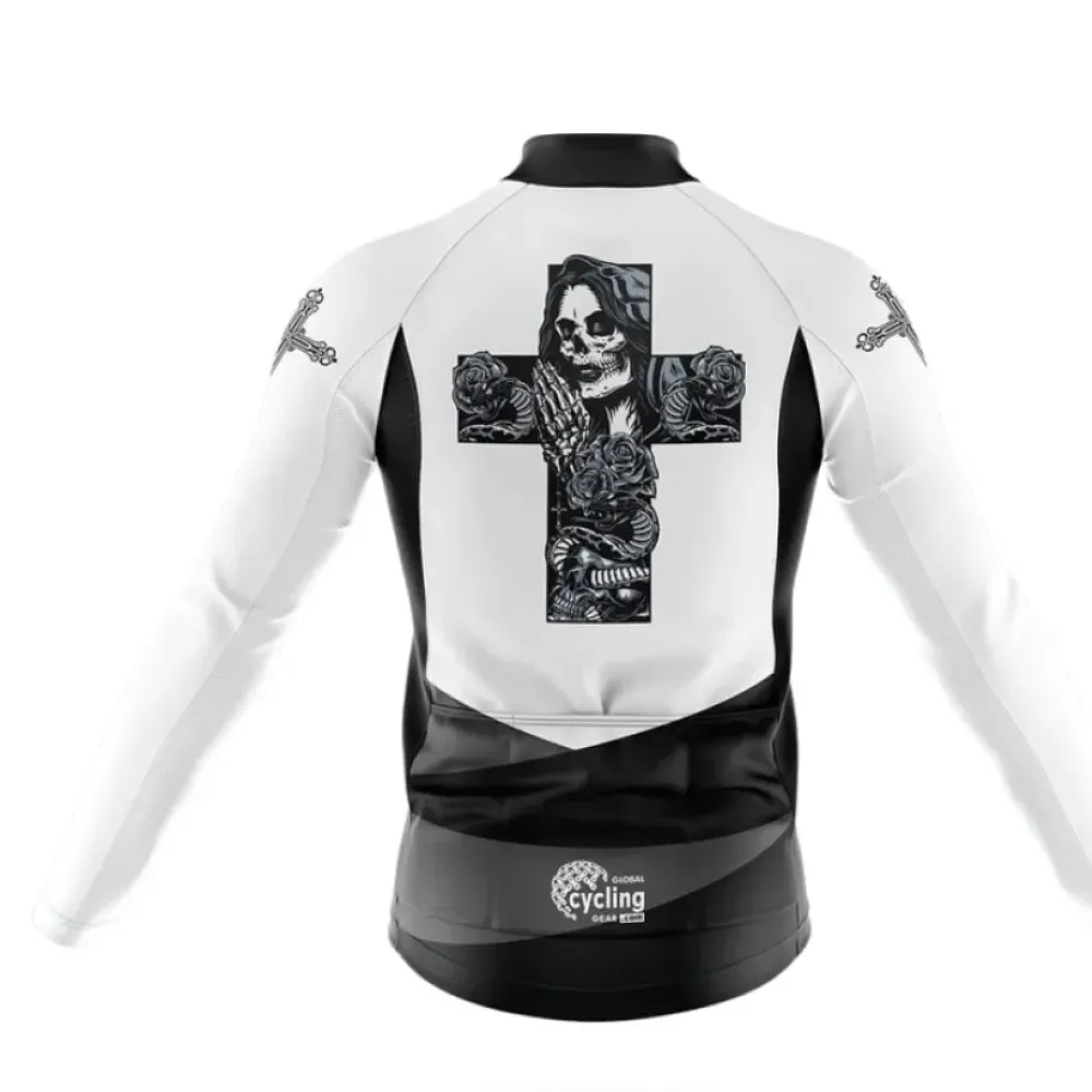 Faith Long Sleeve Cycling Jersey Cross and Skull White/Black/Grey