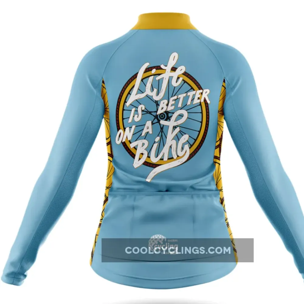 Life Is Better On A Bike Women's Long Sleeve Cycling Jersey Blue/Yellow/Grey